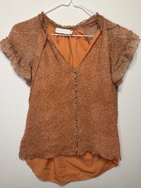 Jonathan Simkhai 100% Silk Orange Flutter Short Sleeve Blouse Size XS